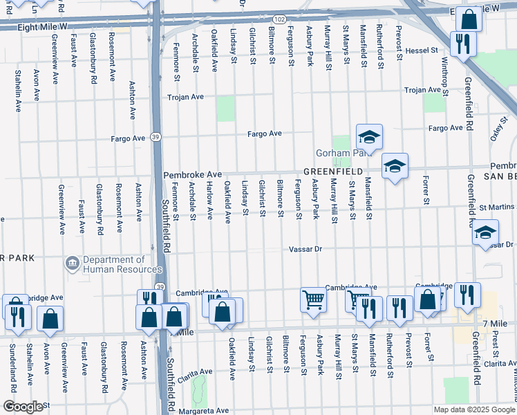 map of restaurants, bars, coffee shops, grocery stores, and more near 19713 Gilchrist Street in Detroit