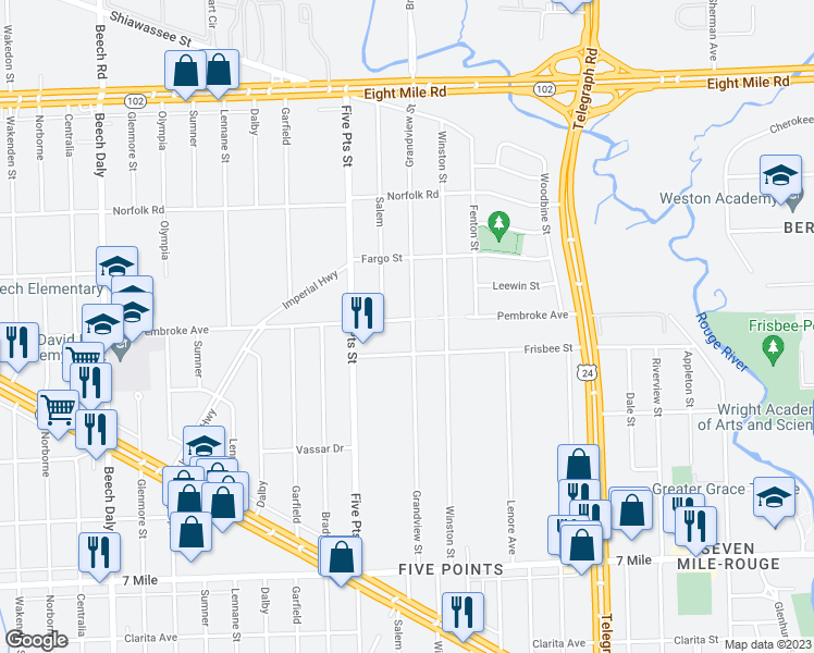 map of restaurants, bars, coffee shops, grocery stores, and more near 19853 Grandview Street in Detroit