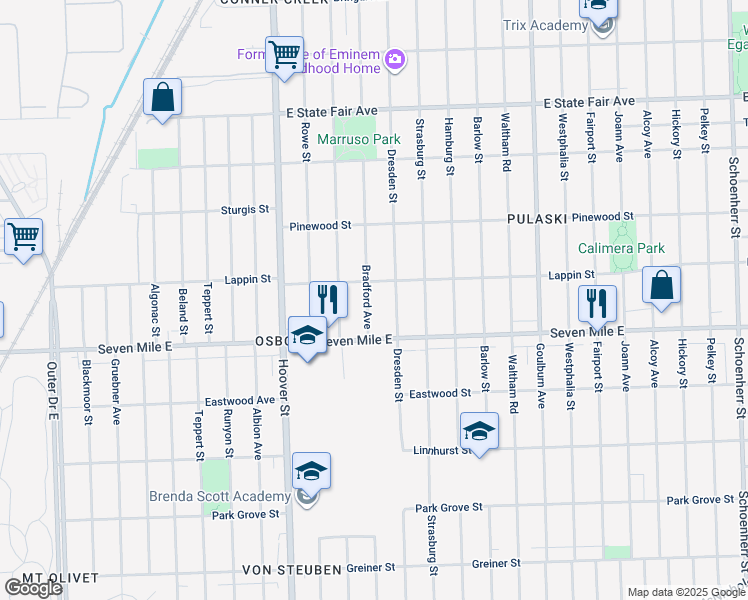 map of restaurants, bars, coffee shops, grocery stores, and more near 19180 Bradford Avenue in Detroit