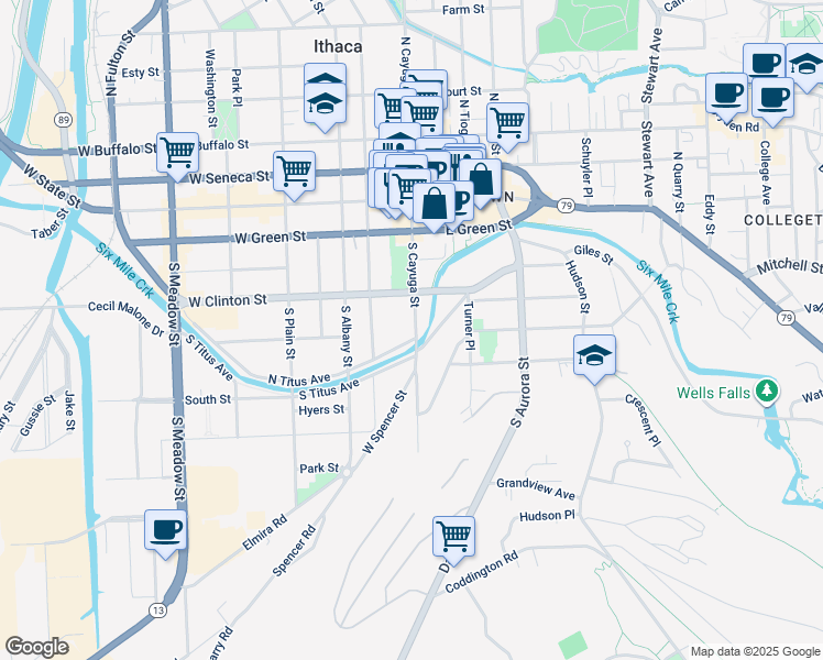 map of restaurants, bars, coffee shops, grocery stores, and more near 330 South Cayuga Street in Ithaca