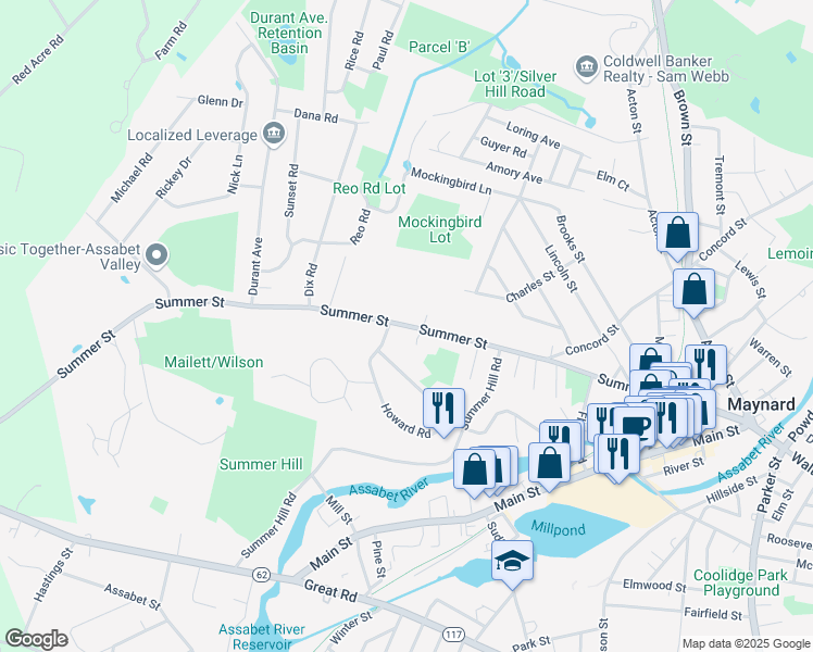map of restaurants, bars, coffee shops, grocery stores, and more near Summer Street in Maynard