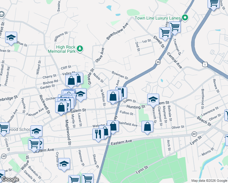 map of restaurants, bars, coffee shops, grocery stores, and more near 83 Home Street in Malden