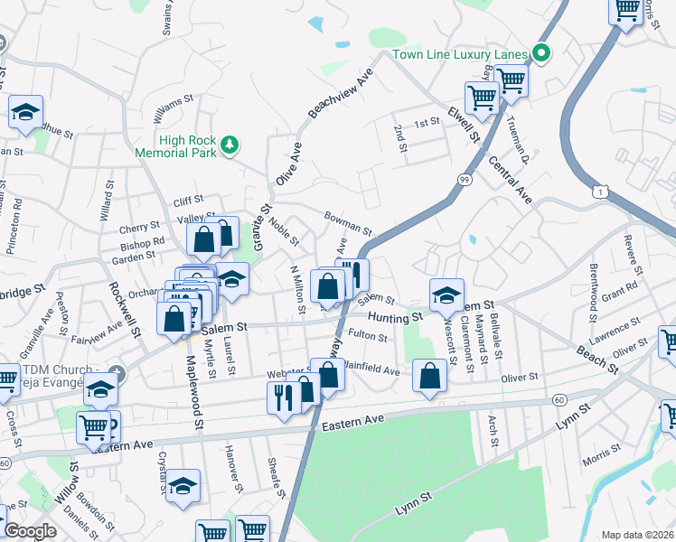 map of restaurants, bars, coffee shops, grocery stores, and more near 57 Durso Avenue in Malden