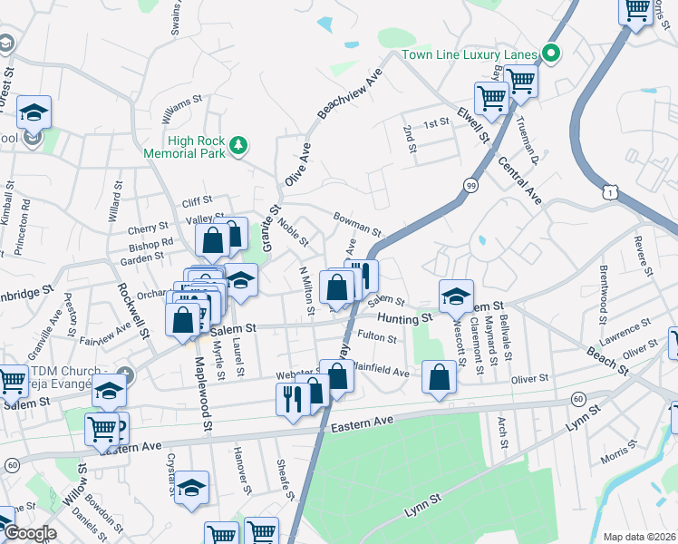 map of restaurants, bars, coffee shops, grocery stores, and more near 83 Home Street in Malden