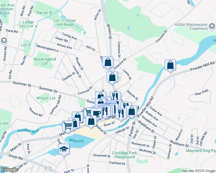 map of restaurants, bars, coffee shops, grocery stores, and more near 59 Acton Street in Maynard