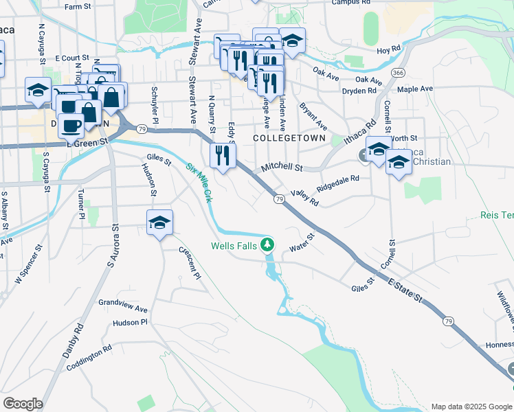 map of restaurants, bars, coffee shops, grocery stores, and more near 801 East State Street in Ithaca