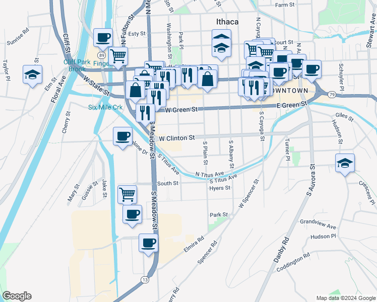map of restaurants, bars, coffee shops, grocery stores, and more near 511 West Clinton Street in Ithaca