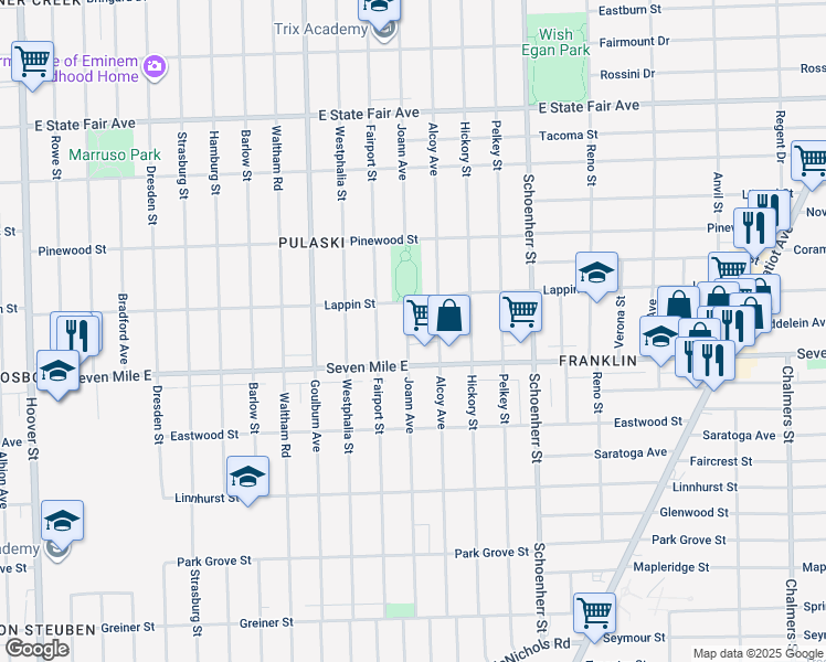 map of restaurants, bars, coffee shops, grocery stores, and more near 19215 Joann Avenue in Detroit