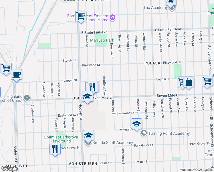 map of restaurants, bars, coffee shops, grocery stores, and more near 19302 Bradford Avenue in Detroit