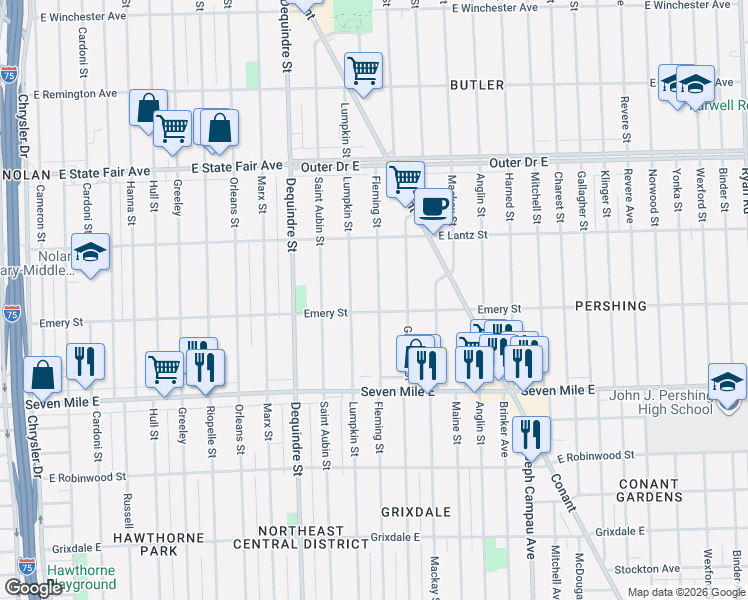 map of restaurants, bars, coffee shops, grocery stores, and more near 19370 Fleming Street in Detroit