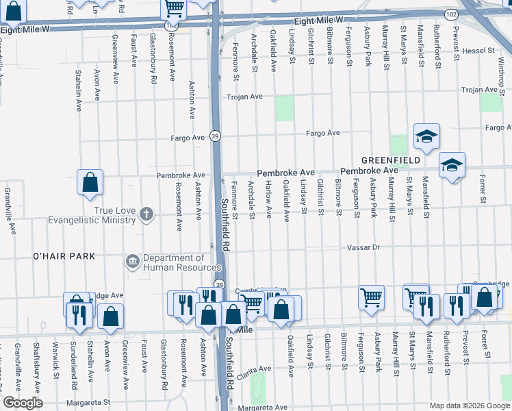 map of restaurants, bars, coffee shops, grocery stores, and more near 19770 Archdale Street in Detroit