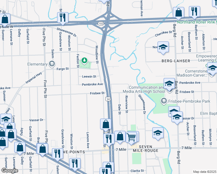 map of restaurants, bars, coffee shops, grocery stores, and more near 19800 Telegraph Road in Detroit