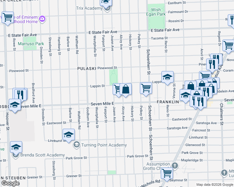 map of restaurants, bars, coffee shops, grocery stores, and more near 19219 Alcoy Avenue in Detroit