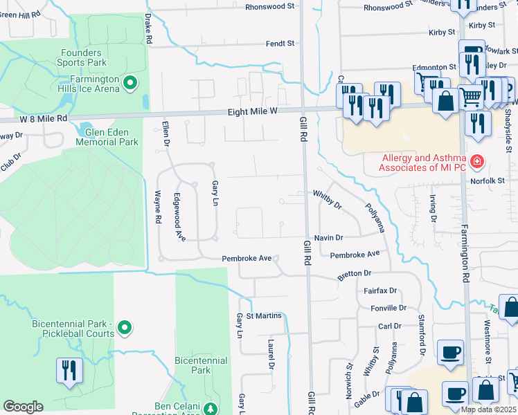 map of restaurants, bars, coffee shops, grocery stores, and more near 34679 Norfolk Street in Livonia