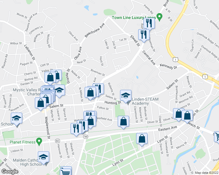 map of restaurants, bars, coffee shops, grocery stores, and more near 46 Roberts Street in Malden