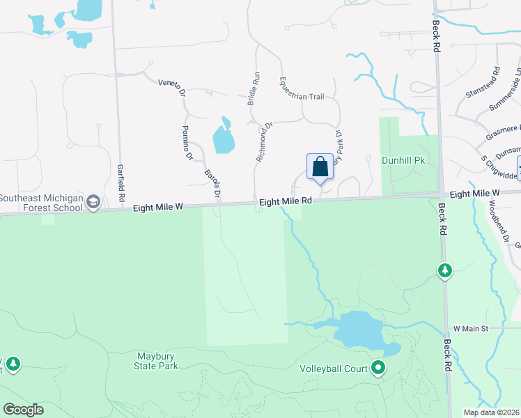 map of restaurants, bars, coffee shops, grocery stores, and more near 48525 Eight Mile Road in Northville