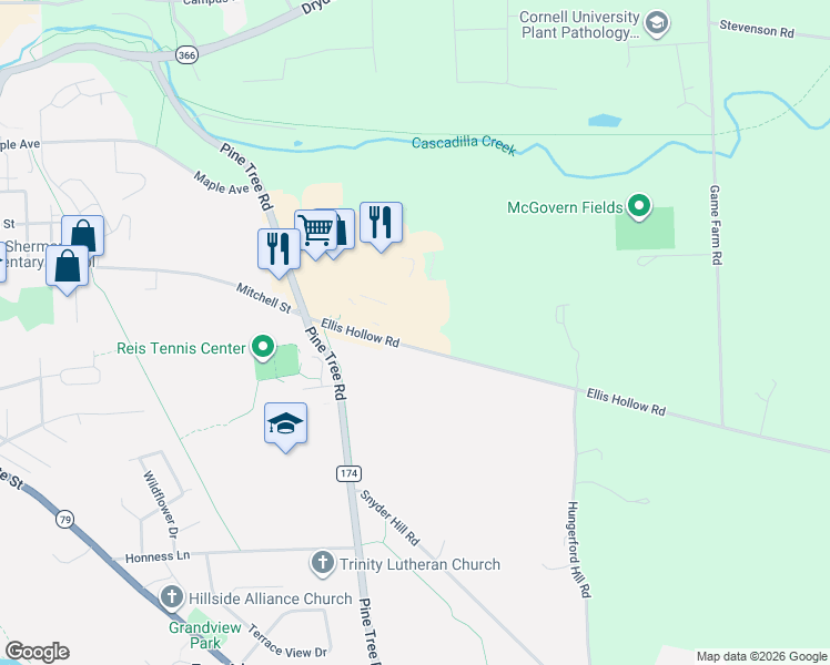 map of restaurants, bars, coffee shops, grocery stores, and more near 1028 Ellis Hollow Road in Ithaca