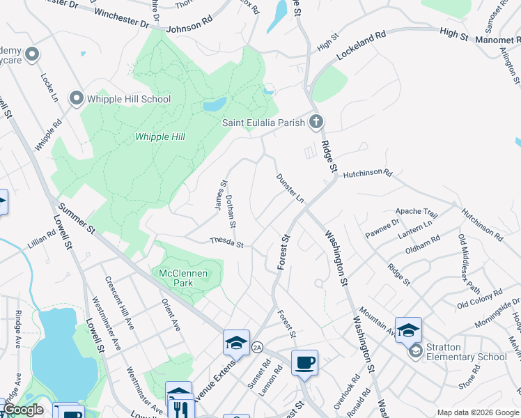 map of restaurants, bars, coffee shops, grocery stores, and more near 25 Locke Street in Winchester
