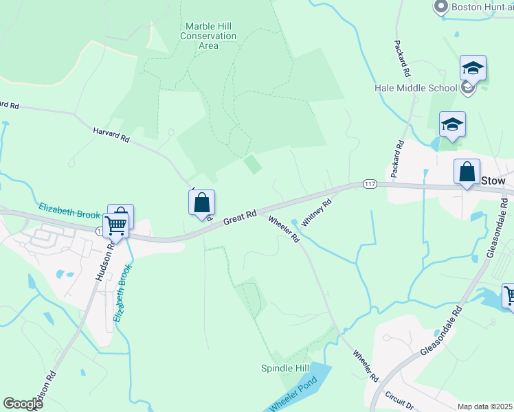 map of restaurants, bars, coffee shops, grocery stores, and more near 531 Great Road in Stow