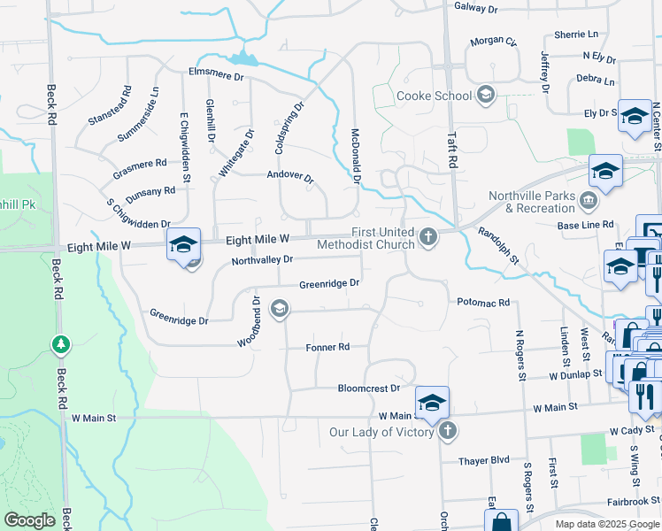 map of restaurants, bars, coffee shops, grocery stores, and more near 45986 Northvalley Drive in Northville
