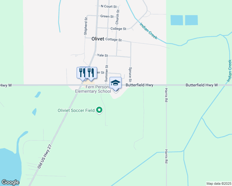 map of restaurants, bars, coffee shops, grocery stores, and more near 4425 Butterfield Highway in Olivet