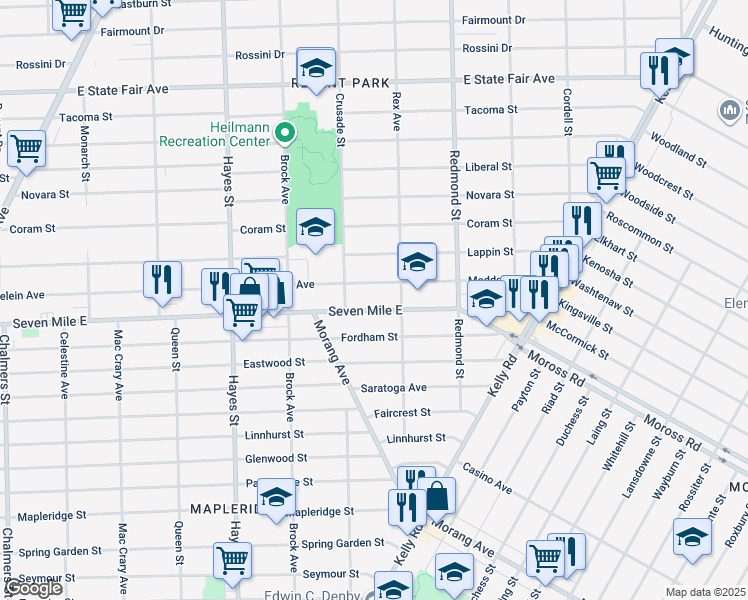 map of restaurants, bars, coffee shops, grocery stores, and more near 15661 Seven Mile East in Detroit