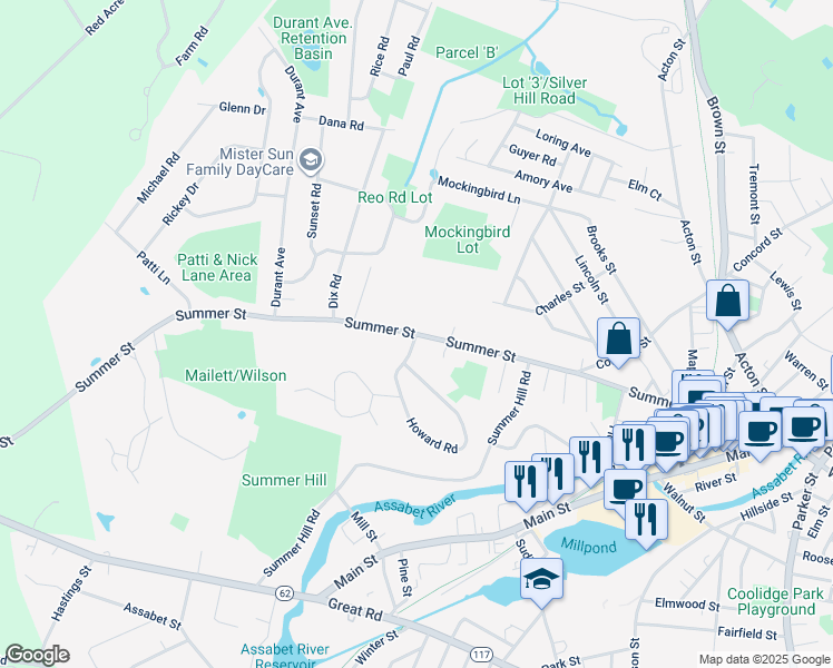 map of restaurants, bars, coffee shops, grocery stores, and more near Summer Street in Maynard