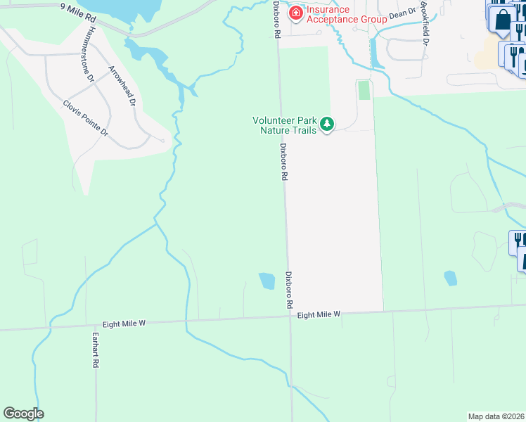 map of restaurants, bars, coffee shops, grocery stores, and more near 21321 Dixboro Road in South Lyon