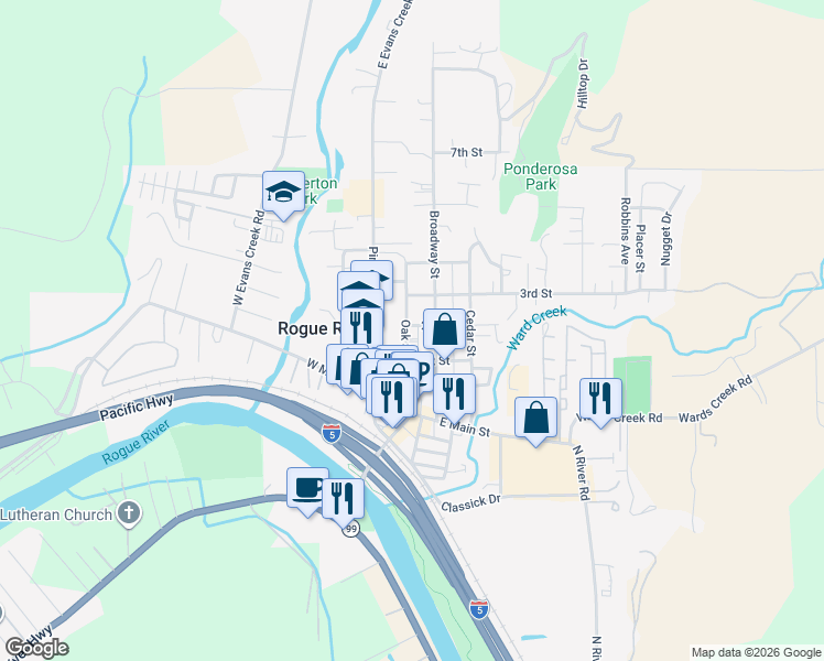 map of restaurants, bars, coffee shops, grocery stores, and more near 311 Broadway Street in Rogue River