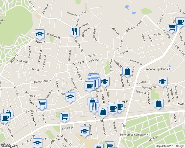 map of restaurants, bars, coffee shops, grocery stores, and more near 155 Lebanon Street in Malden