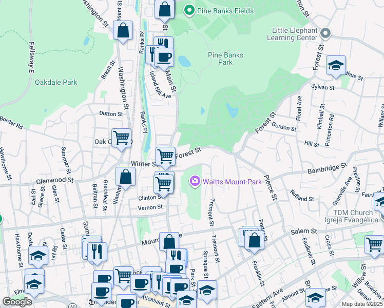 map of restaurants, bars, coffee shops, grocery stores, and more near 47 Forest Street in Malden