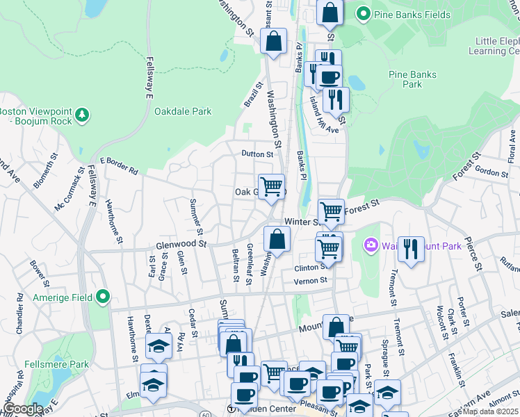 map of restaurants, bars, coffee shops, grocery stores, and more near 72 Wyoming Avenue in Malden
