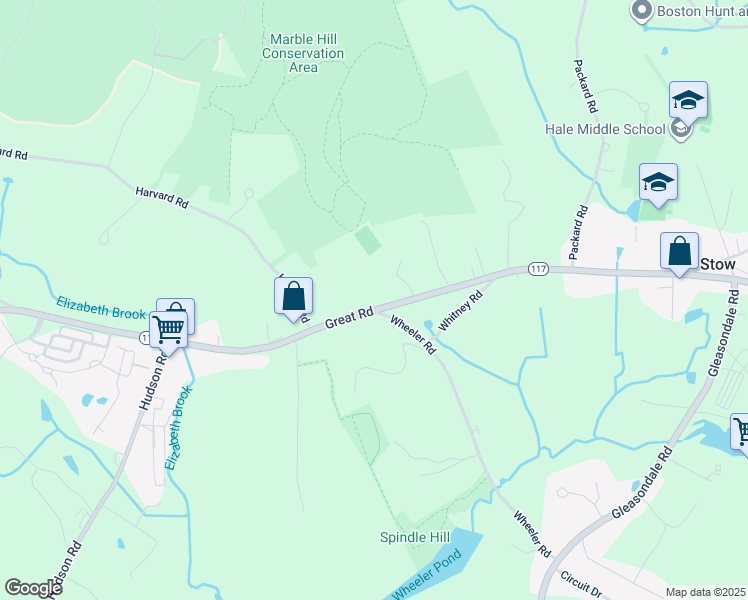 map of restaurants, bars, coffee shops, grocery stores, and more near 531 Great Road in Stow