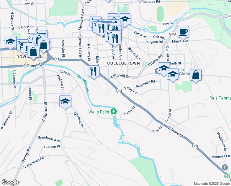 map of restaurants, bars, coffee shops, grocery stores, and more near 921 East State Street in Ithaca