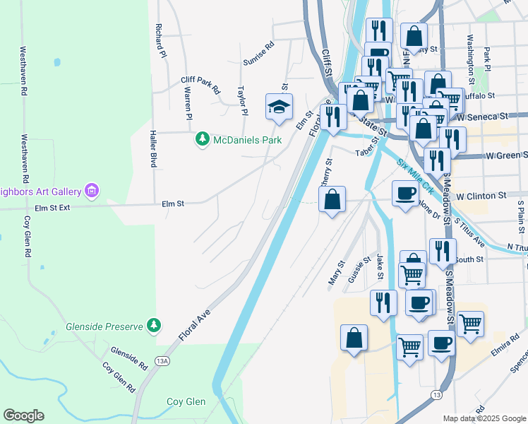 map of restaurants, bars, coffee shops, grocery stores, and more near 515 Chestnut St in Ithaca