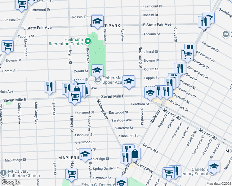 map of restaurants, bars, coffee shops, grocery stores, and more near 15689 Maddelein Street in Detroit