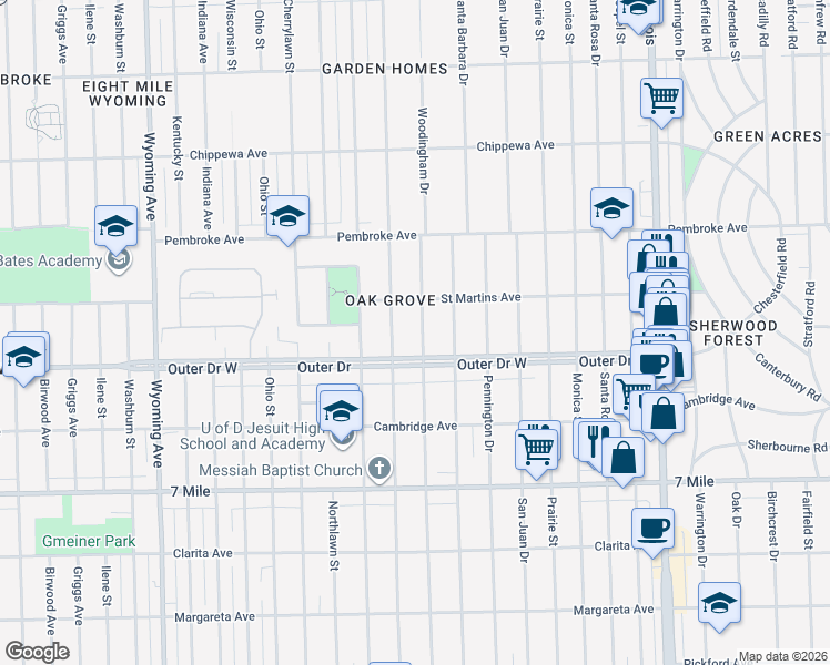 map of restaurants, bars, coffee shops, grocery stores, and more near 19489 Woodingham Drive in Detroit