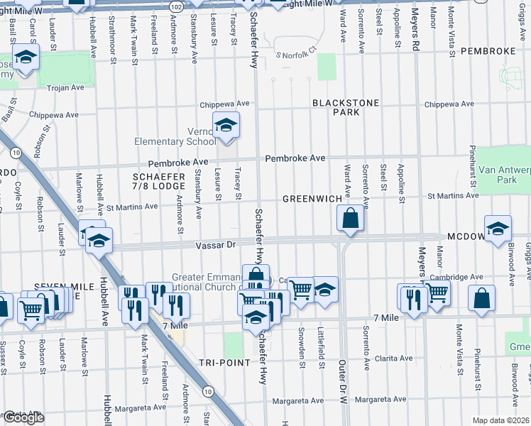 map of restaurants, bars, coffee shops, grocery stores, and more near 19701 Schaefer Highway in Detroit