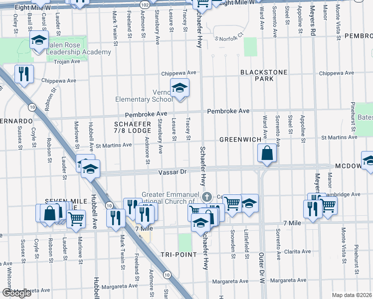 map of restaurants, bars, coffee shops, grocery stores, and more near 19701 Tracey Street in Detroit