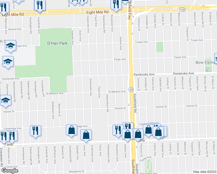 map of restaurants, bars, coffee shops, grocery stores, and more near 19782 Glastonbury Road in Detroit