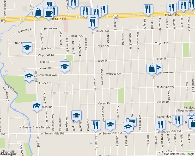 map of restaurants, bars, coffee shops, grocery stores, and more near 21700 Pembroke Avenue in Detroit