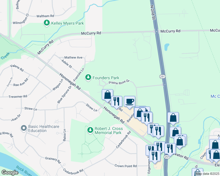 map of restaurants, bars, coffee shops, grocery stores, and more near 4711 Prairie Rose Drive in Roscoe