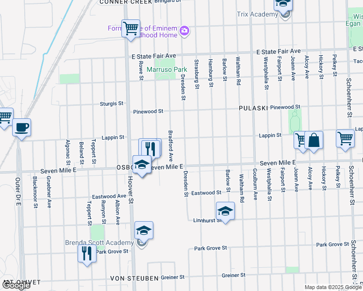 map of restaurants, bars, coffee shops, grocery stores, and more near 19189 Dresden Street in Detroit