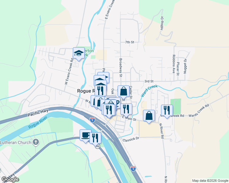 map of restaurants, bars, coffee shops, grocery stores, and more near 311 Broadway Street in Rogue River