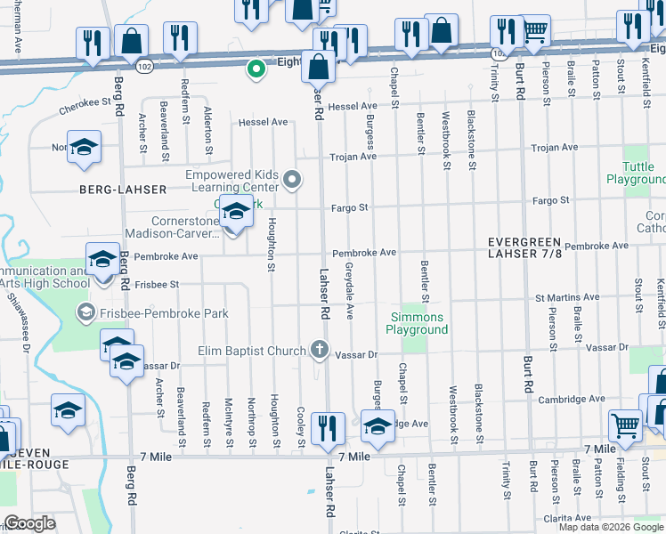 map of restaurants, bars, coffee shops, grocery stores, and more near 21700 Pembroke Avenue in Detroit
