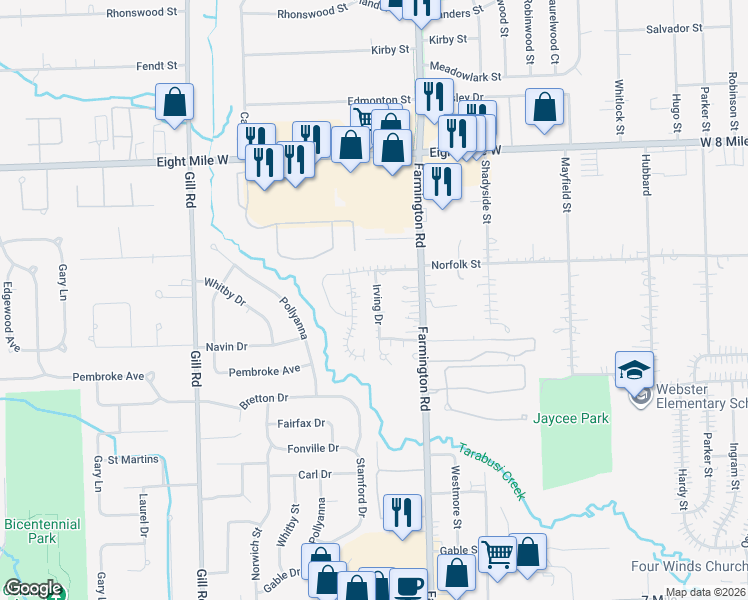 map of restaurants, bars, coffee shops, grocery stores, and more near 20145 Irving Drive in Livonia