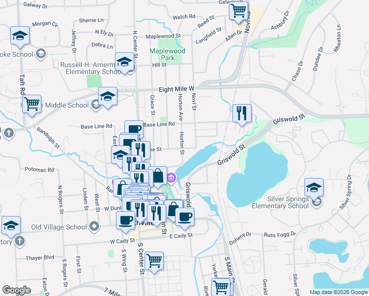map of restaurants, bars, coffee shops, grocery stores, and more near 620 Horton Street in Northville
