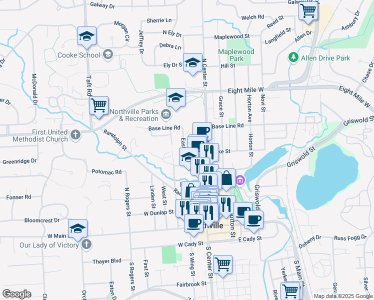 map of restaurants, bars, coffee shops, grocery stores, and more near 605 East Street in Northville