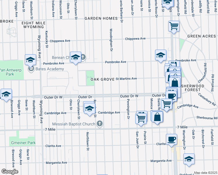 map of restaurants, bars, coffee shops, grocery stores, and more near 19489 Woodingham Drive in Detroit