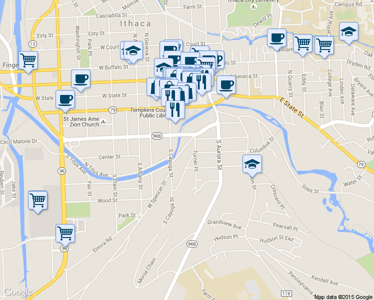 map of restaurants, bars, coffee shops, grocery stores, and more near 131 East Spencer Street in Ithaca